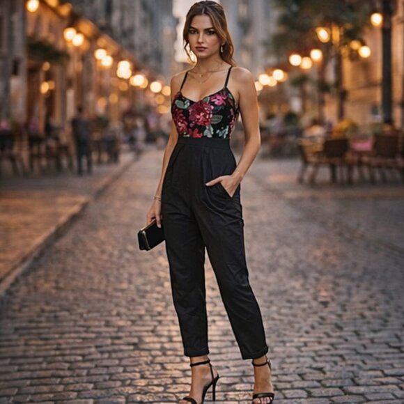 Mustard Seed Pants - 🌺 Mustard Seed Sequin Floral Cut-Out Back Tapered Pants Jumpsuit Evening Party